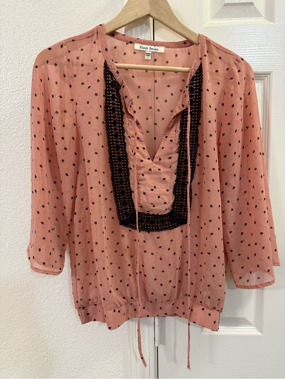 Black Rainn Coral Pink Blouse with Black Crochet Trim